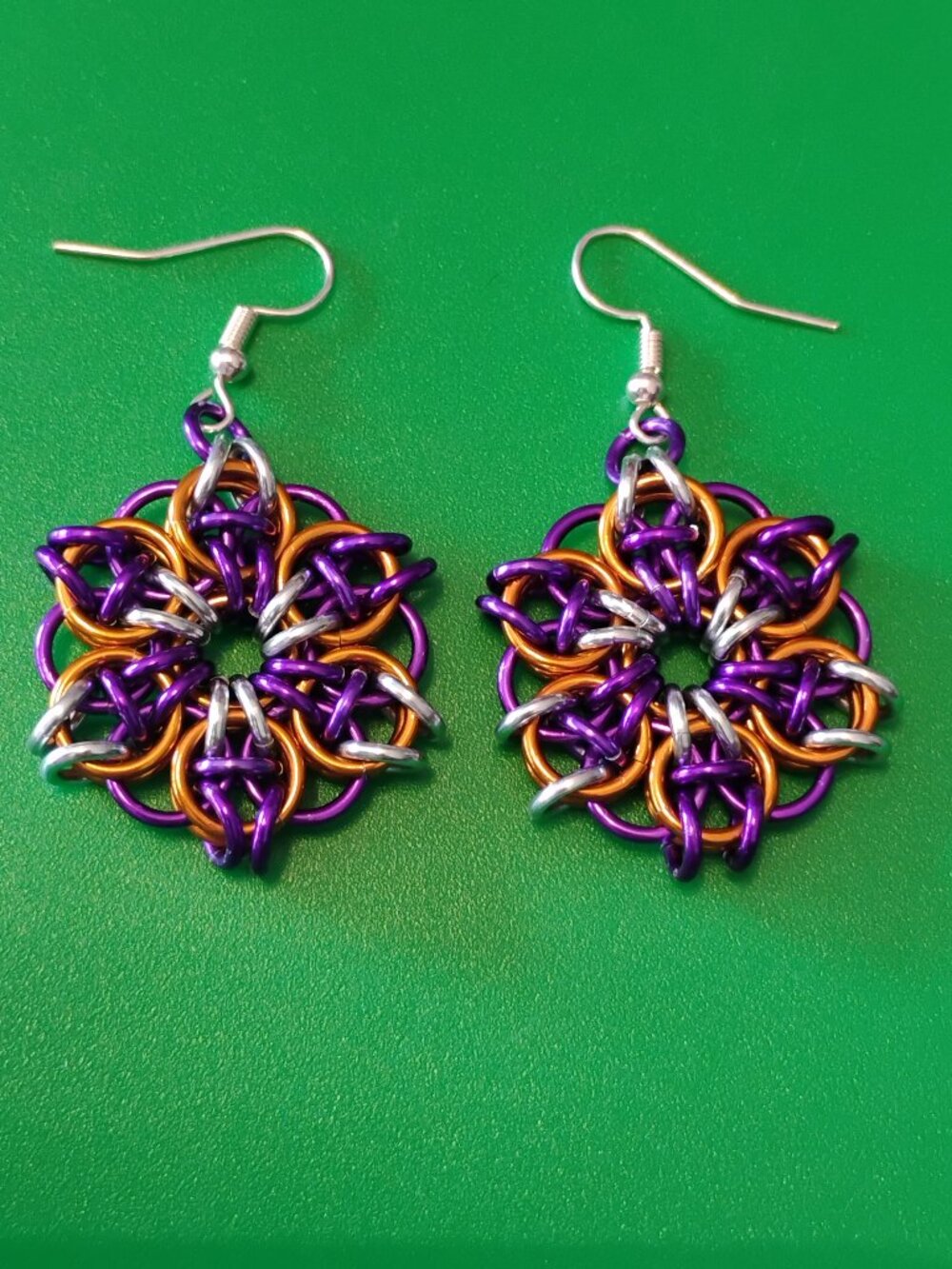Chain Mail Purple, Orange, & Silver flower earrings